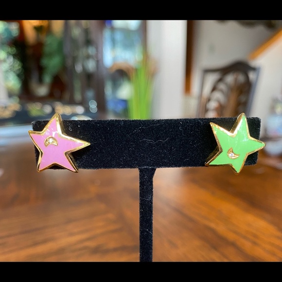 Solid 18KT Yellow Gold with Enamel Star Swiss earrings with Diamond Moons - Picture 2 of 9